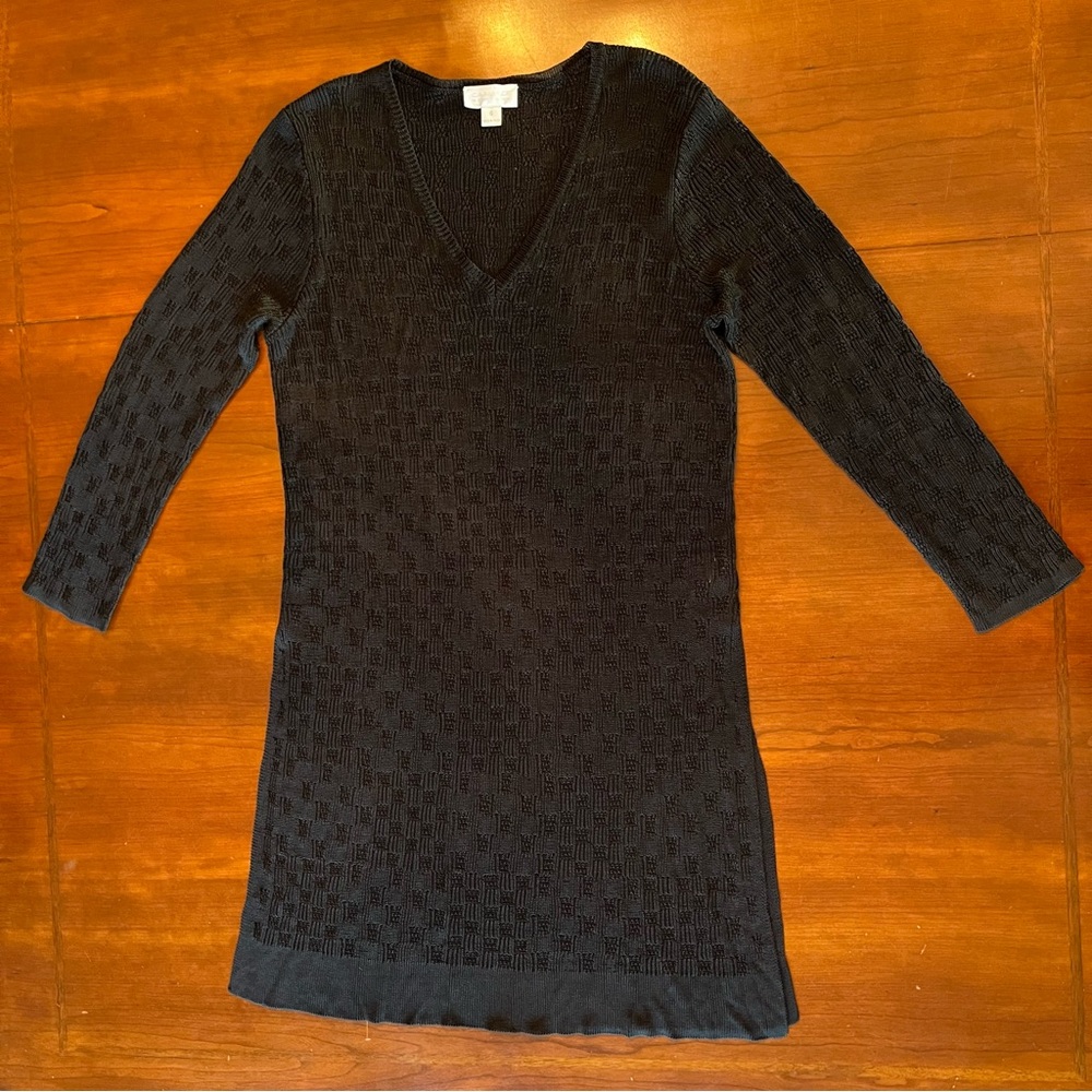 Carlisle NY Black V-Neck Knit Tunic Sweater Dress Long Sleeve Textured Small